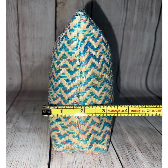 Lancome Paris Makeup Blue Beige Woven Straw Large Straw Cosmetic Bag Zipper - Picture 10 of 10